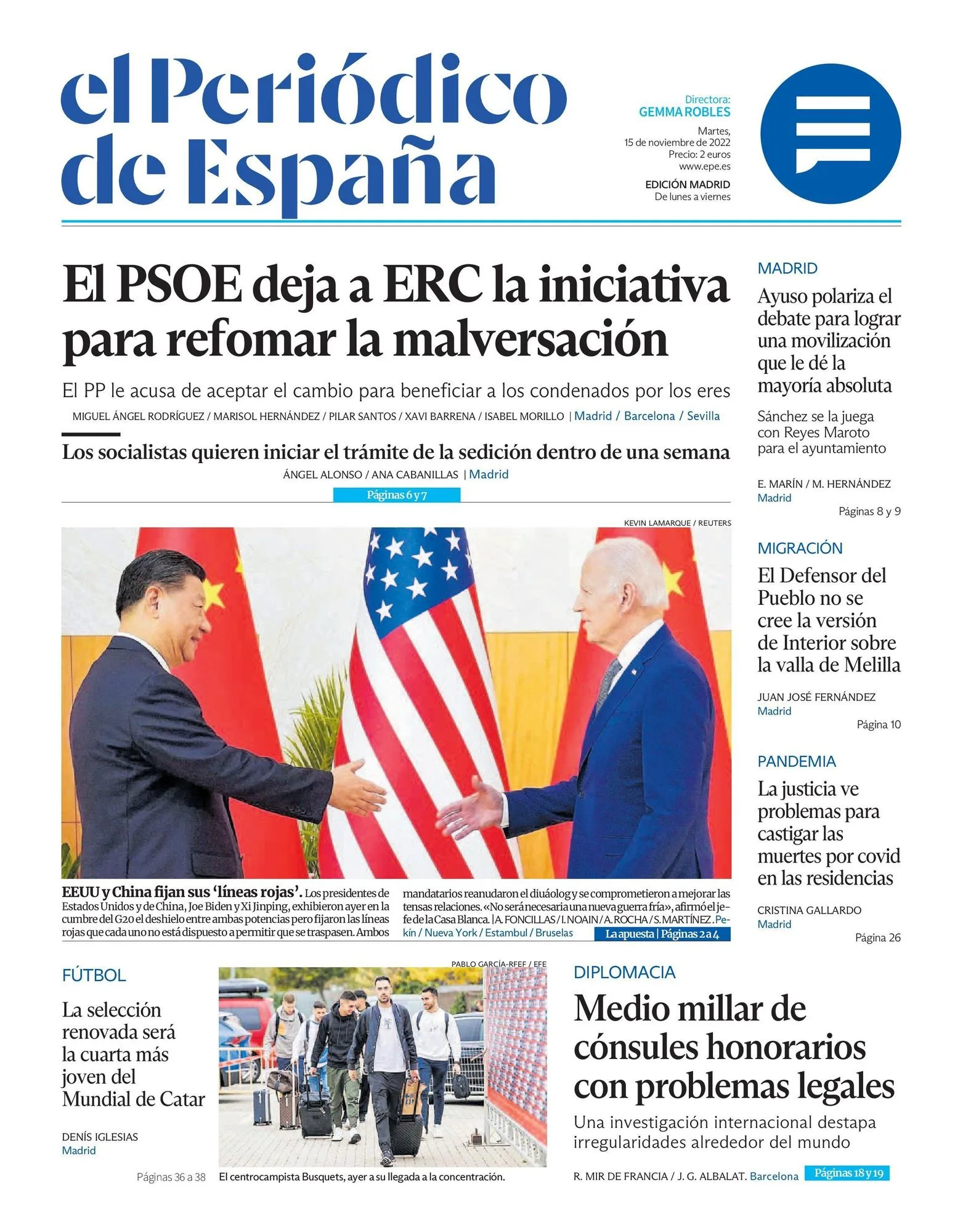 EL PERIÓDICO DE ESPAÑA pentru astăzi, marți, 15 noiembrie 2022