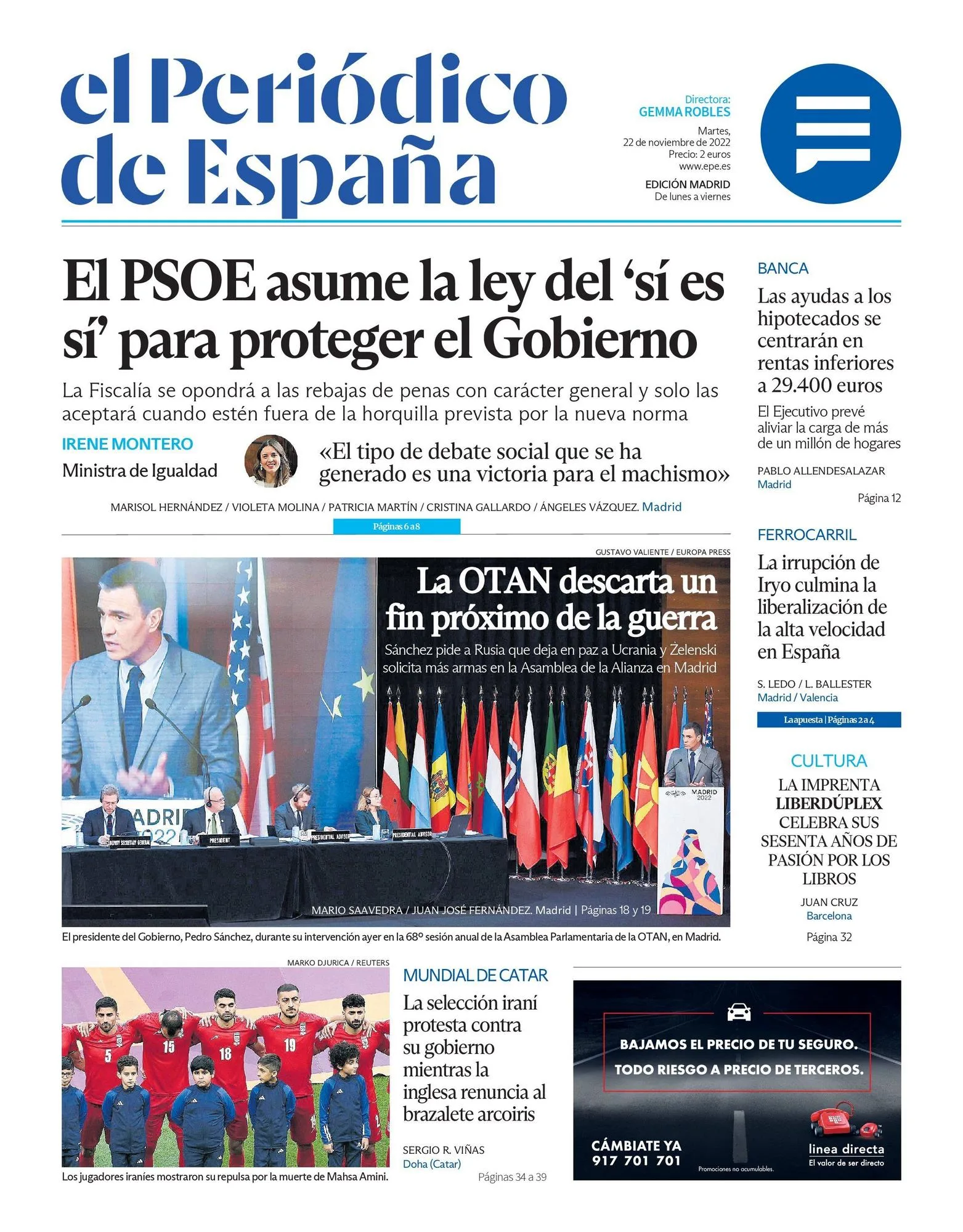 EL PERIÓDICO DE ESPAÑA pentru astăzi, marți, 22 noiembrie 2022