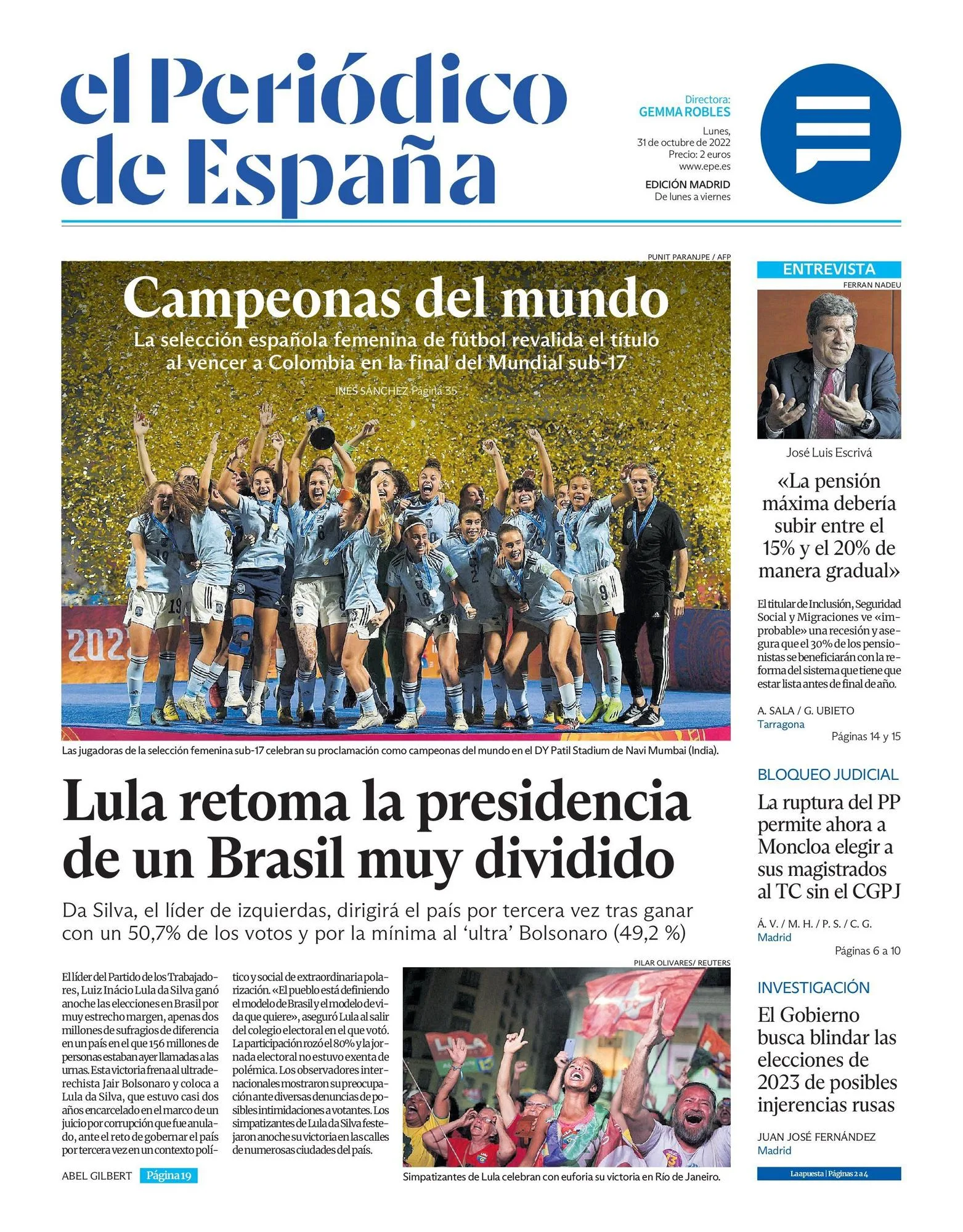 Coperta EL PERIÓDICO DE ESPAÑA, astăzi luni, 31 octombrie 2022