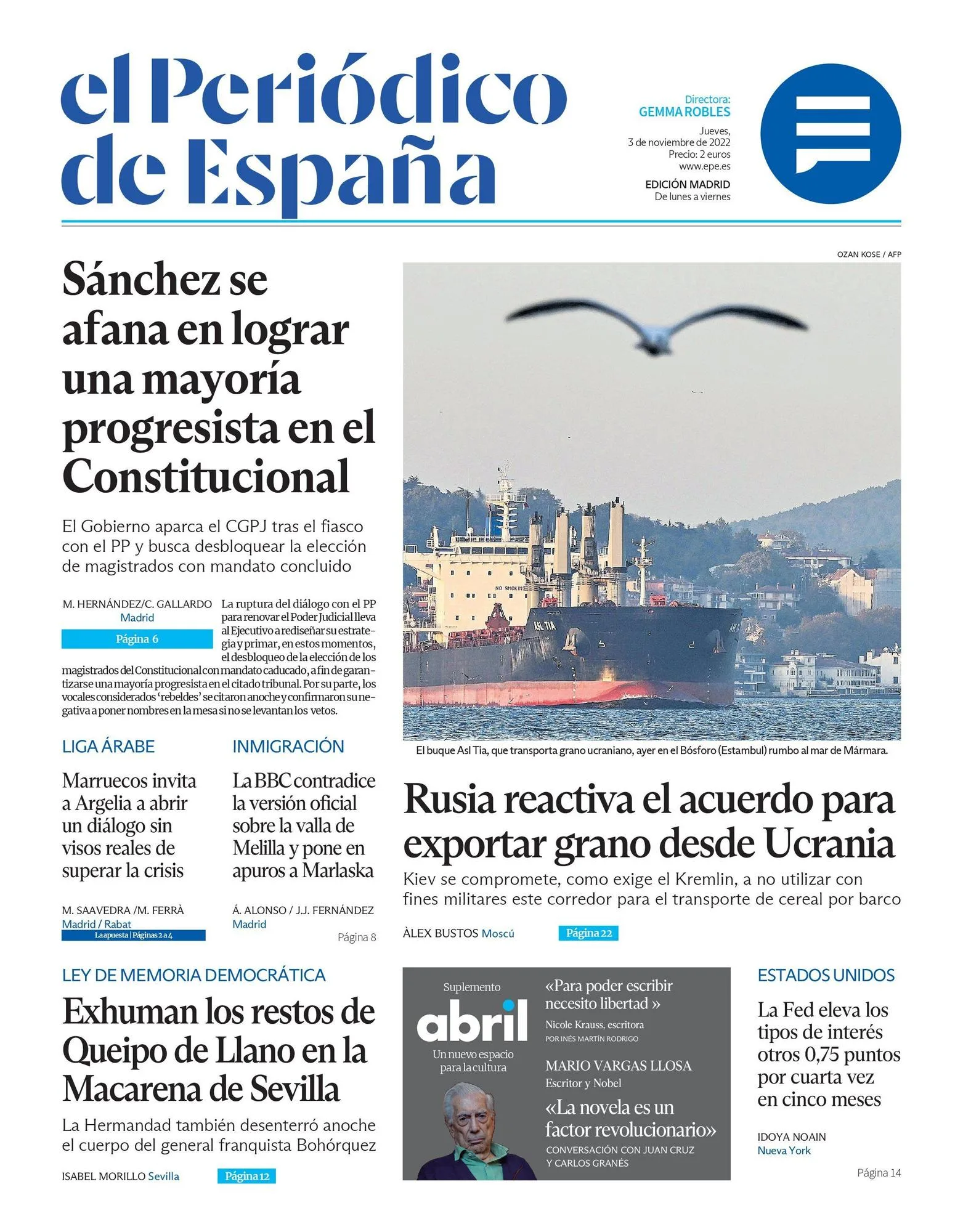 EL PERIÓDICO DE ESPAÑA pentru astăzi, joi, 3 noiembrie 2022
