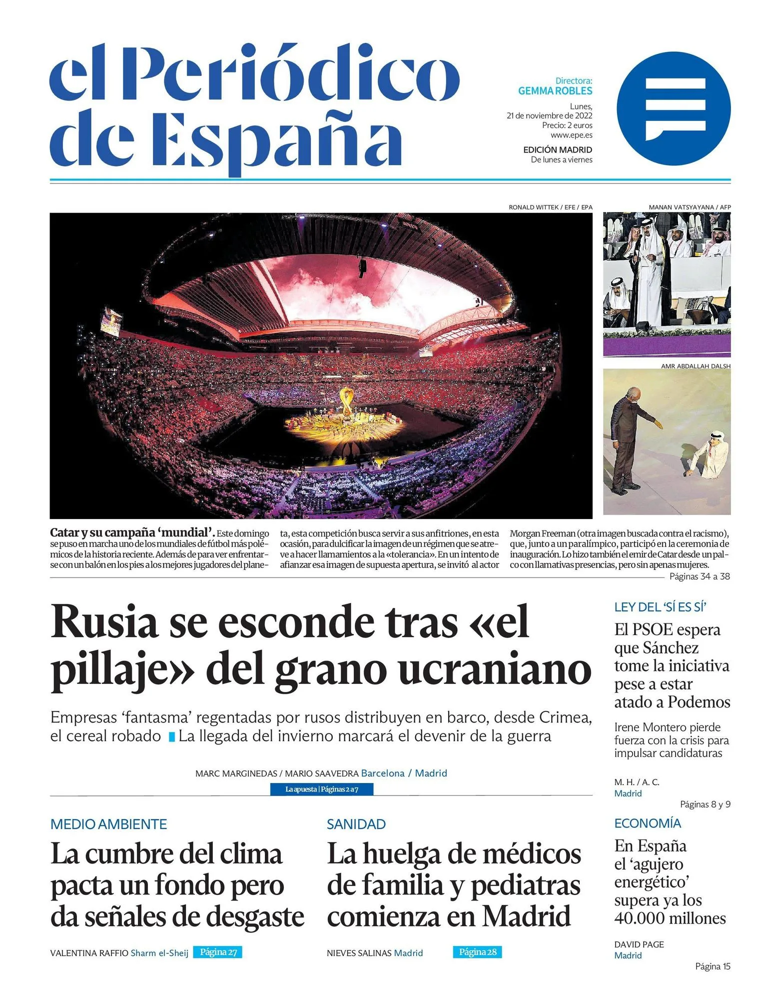 EL PERIÓDICO DE ESPAÑA pentru astăzi, luni, 21 noiembrie 2022