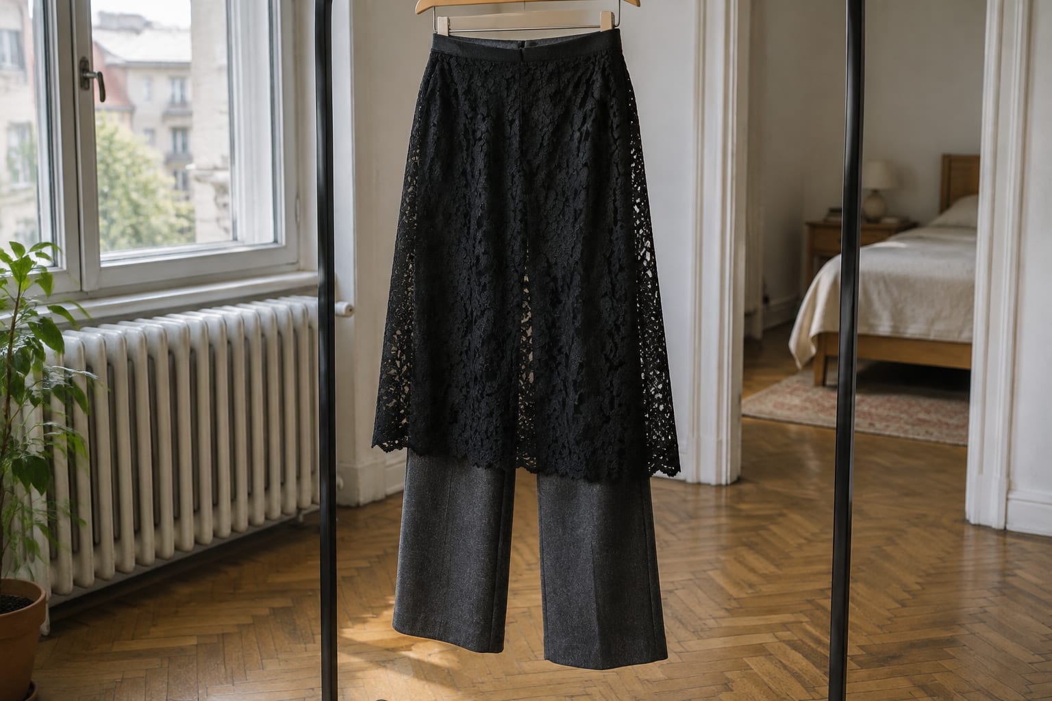 Fustă peste pantaloni pe umeraș